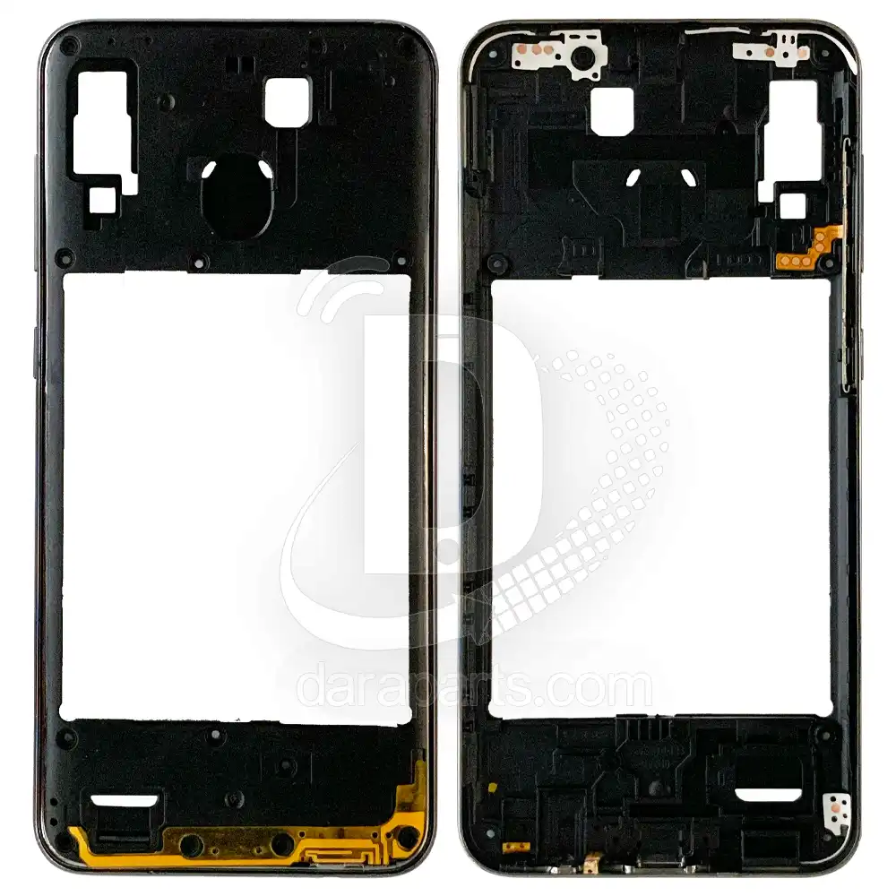 Middle-Frame-samsung-galaxy-a205-a20-black-main قیمت و خرید همکاری فریم میانی سامسونگ A20 – A205 (میدل فریم پلاستیکی گلکسی آ بیست) در قطعات موبایل دارا | Dara Mobile Parts